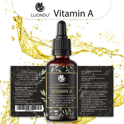 Luondu Vitamin A Drops High Dose - 5,000 IU / 1,500 μg per Daily Dose - 50 ml (1,700 Drops) - Vegan - Retinyl Palmitate