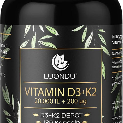 Luondu Vitamin D3, 20,000 IU + Vitamin K2 MK7, 200 mcg Depot (180 Capsules High Dose and Vegan) Vitamin D3 K2 Capsules, High Dosage, One Capsule Every 20 Days, No Additives, Made in Germany