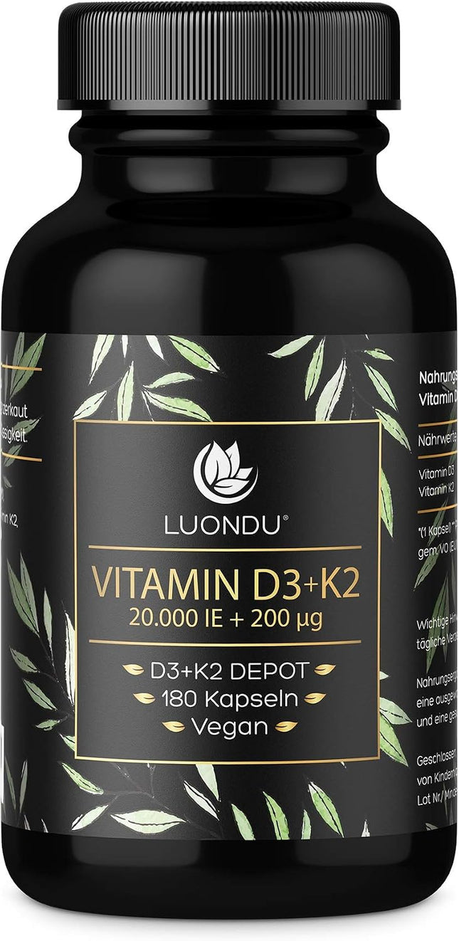 Luondu Vitamin D3, 20,000 IU + Vitamin K2 MK7, 200 mcg Depot (180 Capsules High Dose and Vegan) Vitamin D3 K2 Capsules, High Dosage, One Capsule Every 20 Days, No Additives, Made in Germany