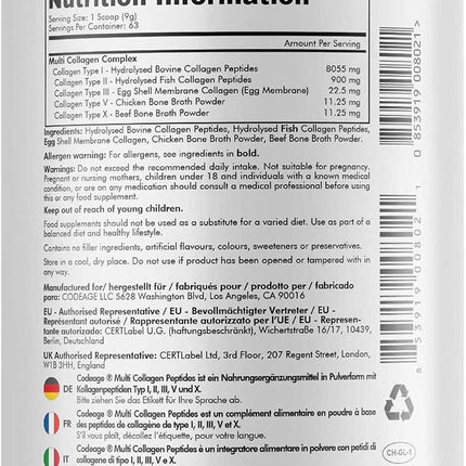 Codeage Multi Collagen Protein Powder Peptides, 2 Month Supply, Hydrolyzed, Type I, II, III, V, X, Grazing All in One Super Bone Broth Collagen Supplement, 567 g