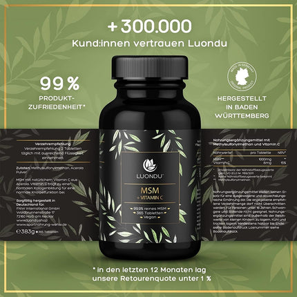 Luondu MSM 2000 mg with Vitamin C per Daily Dose - 365 MSM Tablets High Dose - MSM Sulphur Tablets - MSM High Dose, Vegan & No Additives - Packaging May Vary