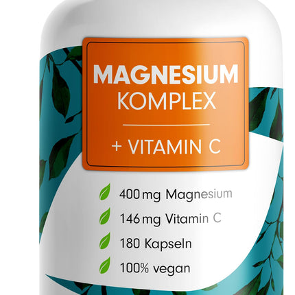 Magnesium Complex 180 Capsules, 400 mg Elemental Per Day, 5 High-Quality Forms: Magnesium Oxide, Citrate, Bisglycinate, Malate & Ascorbate, Optimal Bioavailability, 3 Month Supply