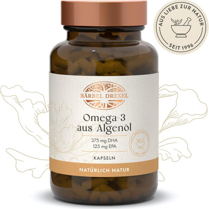 Omega 3 Capsules Vegan with 500 mg Omega 3 from Algae Oil, of which 375 mg DHA & 125 mg EPA (Pack of 30) High Bioavailability through Triglyceride Form, Naturopathy BÄRBEL DREXEL