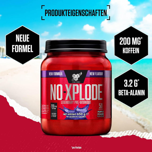 BSN Nutrition N.O.-Xplode Pre-Workout Powder Dietary Supplement, More Energy and Concentration with Caffeine, Amino Acids, Vitamin C and Zinc, Purple Power Flavour, 50 Servings, 650 g