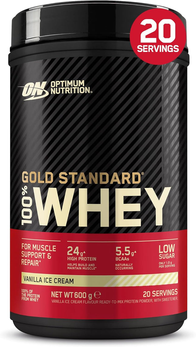 Optimum Nutrition Gold Standard 100% Whey, Protein Powder, Vanilla Ice Cream Flavour, 600 g, 20 Servings
