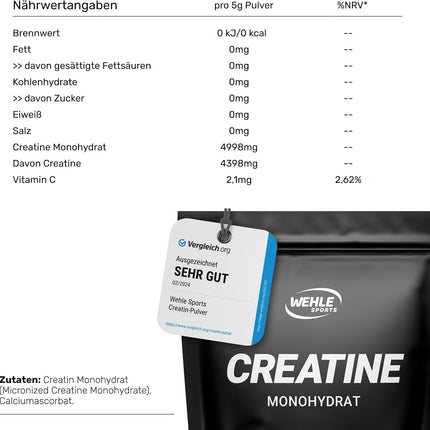 Creatine Monohydrate 1 kg Powder - Pure Creatine, Micronised Quality Mesh 200, High Dose, 100% Vegan - Wehle Sports (1000g) - Packaging May Vary