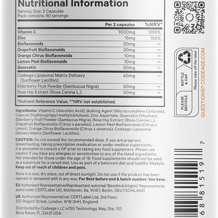 Codeage Liposomal Vitamin C with Zinc, Elderberry, Citrus Bioflavonoid Complex Grapefruit, Lemon, Orange, Quercetin and Rose Hips Vegan, GMO Free, High Dose Daily Supplement, 180 Capsules