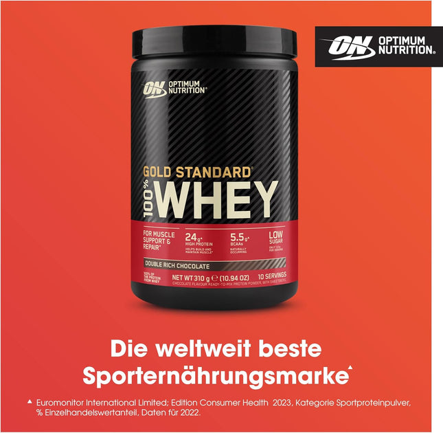 Optimum Nutrition Gold Standard 100% Whey Protein Powder for Muscle Building and Regeneration with Naturally Occurring Glutamine and BCAA Amino Acids, Double Rich Chocolate, 10 Servings, 310 g