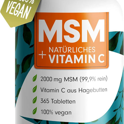 MSM 2000 mg per day + natural vitamin C - 365 MSM tablets with methylsulfonylmethane - more compact MSM powder than MSM capsules - high dose with 1000 mg per MSM tab - laboratory tested with certificate