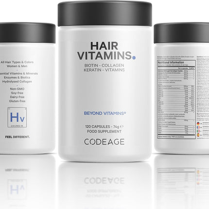 Codeage Hair Vitamins 10000 Mcg Biotin, Keratin, Collagen, Vitamin A, B12, C, D3, E, Zinc, Turmeric, Probiotics Enzymes Support Hair Care Dietary Supplement for Healthy Hair, 120 Capsules