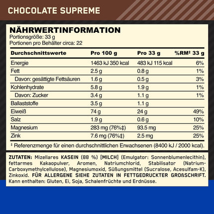 Optimum Nutrition ON 100% Gold Standard Casein Protein, protein powder rich in essential amino acid complex, BCAA, Chocolate Supreme, 27 servings, 0.9 kg