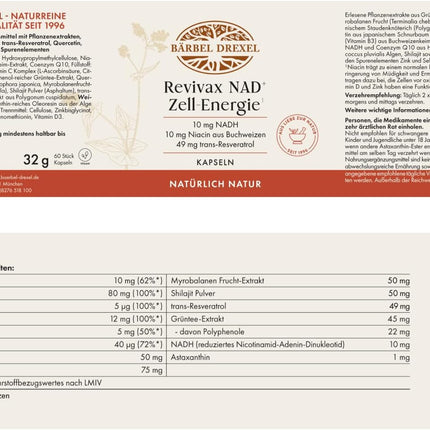 Bärbel Drexel Revivax NAD+ Cell Energy Capsules with NADH, Coenzyme Q10, Resveratrol & Quercetin with Vitamin C, D, E, Niacin, Zinc & Selenium. Vegan. 60 Capsules