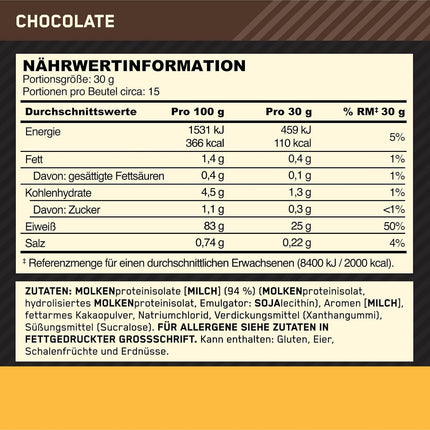 Optimum Nutrition Gold Standard 100% Whey Protein Isolate Powder, Chocolate Flavour, 450 g, 15 Servings