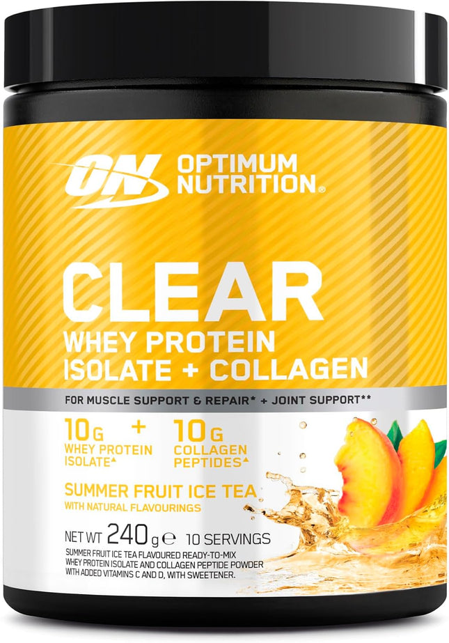 Optimum Nutrition Summer Fruit Iced Tea: Ready Whey Protein Isolate and Collagen Peptide Powder with Vitamin C and D with Sweeteners, 10 Servings, 240g