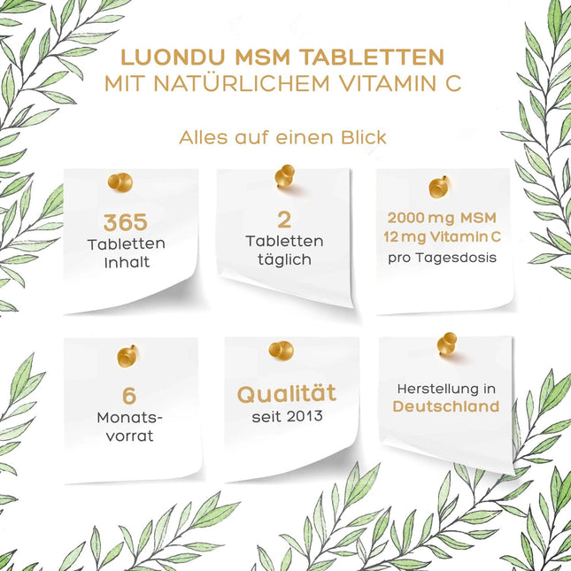 Luondu MSM 2000 mg with Vitamin C per Daily Dose - 365 MSM Tablets High Dose - MSM Sulphur Tablets - MSM High Dose, Vegan & No Additives - Packaging May Vary