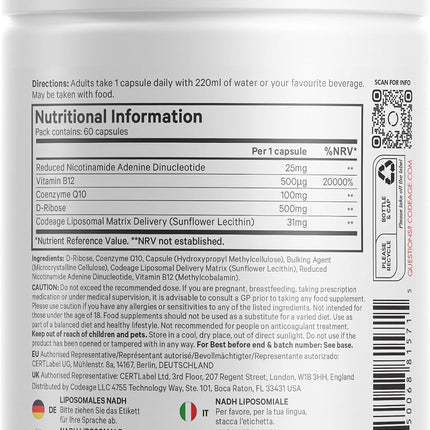 Codeage Liposomal Nadh+ Sport Nadh, Coq10, D-Ribose and Vitamin B12 - Vegan Dietary Supplement with Phospholipider Liposomal Matrix Gluten Free, GMO Free - 60 Capsules - 2-Month Supply