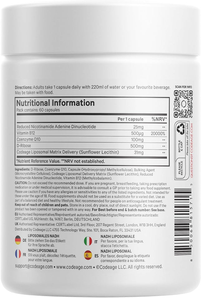 Codeage Liposomal Nadh+ Sport Nadh, Coq10, D-Ribose and Vitamin B12 - Vegan Dietary Supplement with Phospholipider Liposomal Matrix Gluten Free, GMO Free - 60 Capsules - 2-Month Supply