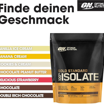 Optimum Nutrition Gold Standard 100% Whey Protein Isolate Powder, Chocolate Flavour, 450 g, 15 Servings