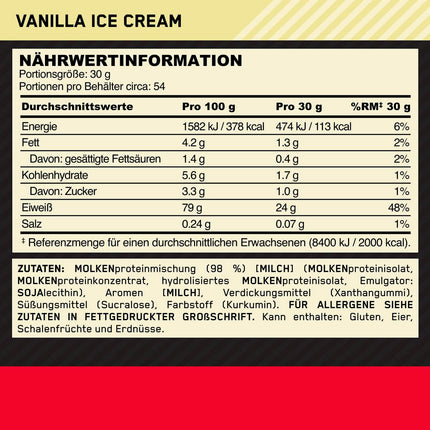 Optimum Nutrition Gold Standard 100% Whey, Protein Powder, Vanilla Ice Cream Flavour, 1.62 kg, 54 Servings