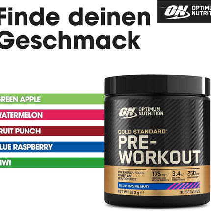 Optimum Nutrition ON Gold Standard Pre Workout, Energy Drink Powder with Creatine Monohydrate, Beta Alanine, Caffeine and Vitamin B Complex, Blue Raspberry, 30 Servings, 330 g, Packaging May Vary