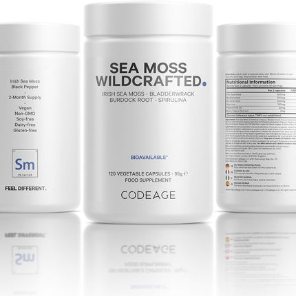 Codeage Raw Wildcrafted Irish Sea Moss Dietary Supplement - with Bladderwreck, Burdock Root, Spirulina, BioPerine & Peppermint Oil - Vegan, Non-GMO - Superfood Mineral Complex - 120 Capsules