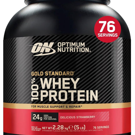 Optimum Nutrition Gold Standard Whey Muscle Building and Recovery Protein Powder With Glutamine and Amino Acids, Delicious Strawberry, 77 Servings, 2.27kg, packaging may vary