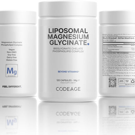 Codeage Liposomal Magnesium Glycinate Supply, 4 Month Supply, Bisglycinate Magnesium Chelate, Chelated Magnesium Mineral Capsules, Bioavailable, GMO Free, Vegan, Gluten Free, 120 Capsules