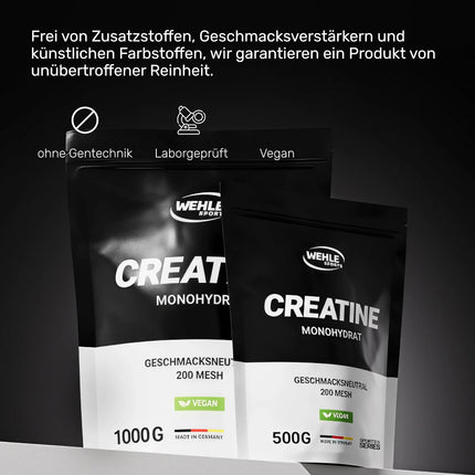 Creatine Monohydrate 1 kg Powder - Pure Creatine, Micronised Quality Mesh 200, High Dose, 100% Vegan - Wehle Sports (1000g) - Packaging May Vary