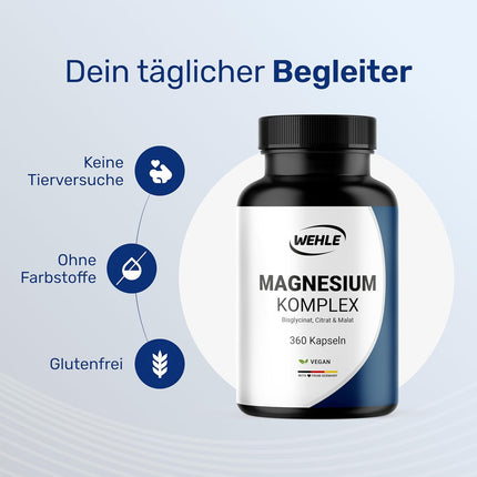 Magnesium complex. 375mg elementary magnesium per daily dose. Magnesium bisglycinate Magnesium citrate Magnesium alate, high dosage, vegan