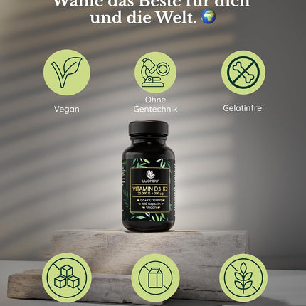 Luondu Vitamin D3, 20,000 IU + Vitamin K2 MK7, 200 mcg Depot (180 Capsules High Dose and Vegan) Vitamin D3 K2 Capsules, High Dosage, One Capsule Every 20 Days, No Additives, Made in Germany