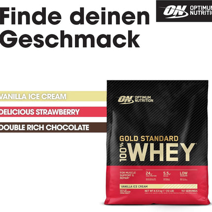 Optimum Nutrition Gold Standard Whey Protein Powder Muscle Building Supplements With Glutamine and Amino Acids, Vanilla Ice Cream, 146 Servings, 4.54kg, packaging may vary