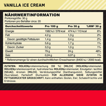 Optimum Nutrition Gold Standard 100% Whey, Protein Powder, Vanilla Ice Cream Flavour, 600 g, 20 Servings