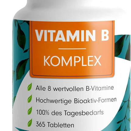 Vitamin B Complex 365 Tablets - B Complex with B12 - All 8 B Vitamins (B1, B2, B3, B5, B6, B7, B9, B12) + Co-Factors Choline & Myo-Inositol, Laboratory Tested with Certificate, Vegan