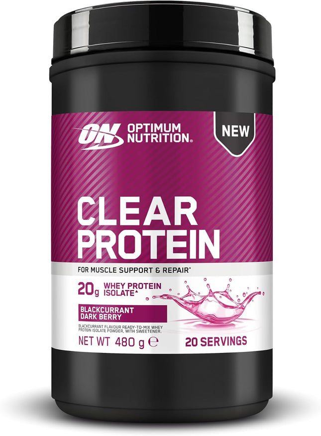 Optimum Nutrition Clear Whey Isolate, 20 g Whey Protein Isolate, Blackcurrant, Sugar-Free, Refreshing Protein Drink for Muscle Building & Preservation, 480 g, 20 Servings