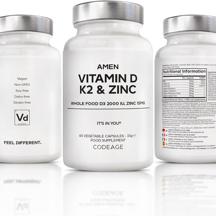 Amen Vitamin D3 2000 Ie with K2 Mk-7 and Zinc - Vegan Whole Food with Elderberry, Cranberry, Blueberry and Apple - GMO Free, Gluten Free - 60 Capsules
