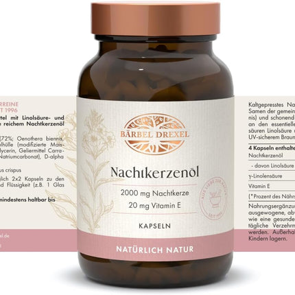 Evening Primrose Oil Capsules Vegan 2000 mg per Daily Dose (Pack of 120) 100% Natural Made in Germany, Dry Skin, Skin Care from Inside, Vitamin E Gamma Linolenic Acid GLA Cold Pressed BÄRBEL DREXEL