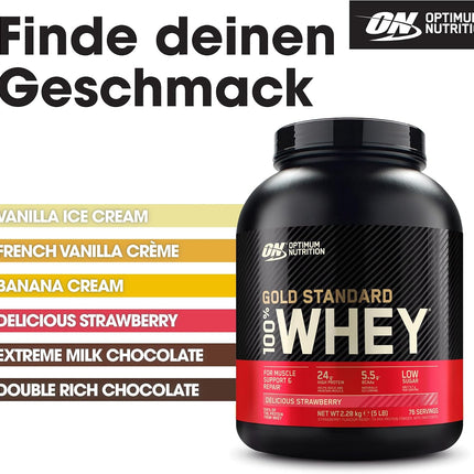 Optimum Nutrition Gold Standard Whey Muscle Building and Recovery Protein Powder With Glutamine and Amino Acids, Delicious Strawberry, 77 Servings, 2.27kg, packaging may vary