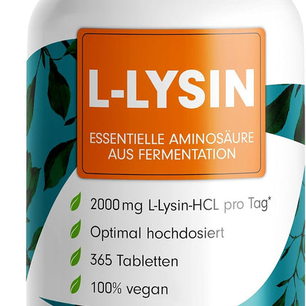 L-lysine tablets 365x - optimally high dose with 2000 mg lysine HCL per day, of which 1600 mg pure L-lysine - essential amino acid from fermentation - 100% vegan - laboratory tested with certificate