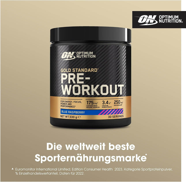 Optimum Nutrition ON Gold Standard Pre Workout, Energy Drink Powder with Creatine Monohydrate, Beta Alanine, Caffeine and Vitamin B Complex, Blue Raspberry, 30 Servings, 330 g, Packaging May Vary