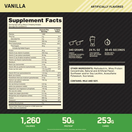 Optimum Nutrition Serious Mass Protein Powder High Calorie Mass Gainer with Vitamins, Creatine and Glutamine, Vanilla, 8 Servings, 2.73kg, packaging may vary
