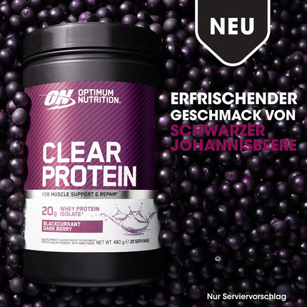 Optimum Nutrition Clear Whey Isolate, 20 g Whey Protein Isolate, Blackcurrant, Sugar-Free, Refreshing Protein Drink for Muscle Building & Preservation, 480 g, 20 Servings