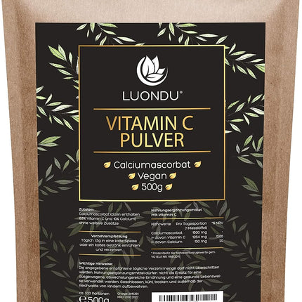 Vitamin C Powder High Dose 500 g Natural Calcium Ascorbate from Vegetable Fermentation & Buffered (pH Neutral, Acid-free and Stomach-Friendly) - Laboratory Tested - Vegan - No Unwanted Additives