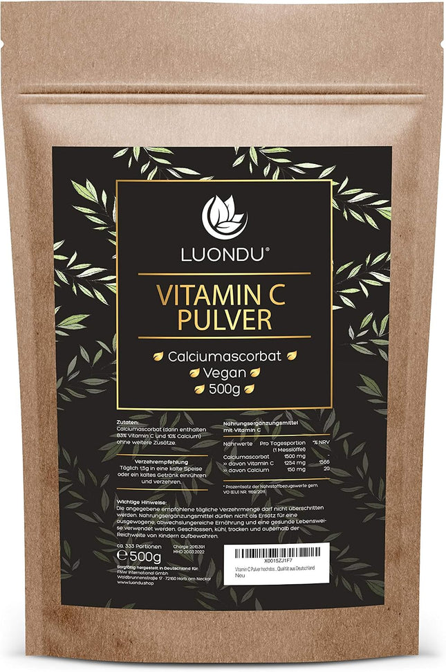 Vitamin C Powder High Dose 500 g Natural Calcium Ascorbate from Vegetable Fermentation & Buffered (pH Neutral, Acid-free and Stomach-Friendly) - Laboratory Tested - Vegan - No Unwanted Additives