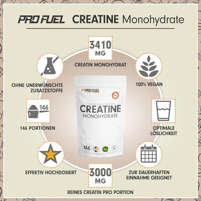 Creatine Monohydrate Powder 500 g - Creatine Monohydrate in Micronised Quality - Creatine Monohydrate Optimal High Dose - Laboratory Tested with Certificate - 100% Vegan - for 146 Applications