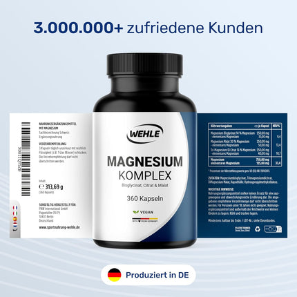 Magnesium complex. 375mg elementary magnesium per daily dose. Magnesium bisglycinate Magnesium citrate Magnesium alate, high dosage, vegan