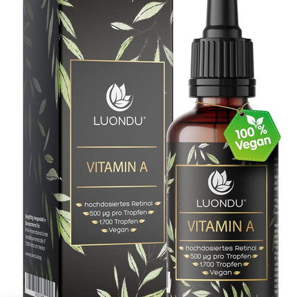 Luondu Vitamin A Drops High Dose - 5,000 IU / 1,500 μg per Daily Dose - 50 ml (1,700 Drops) - Vegan - Retinyl Palmitate