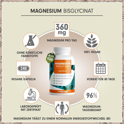 Magnesium Bisglycinate Capsules 240x - 3000 mg Magnesium Bisglycinate, of which 360 mg Elementary Magnesium per Day - Laboratory Tested with Certificate - 100% Vegan - Supply for 80 Days