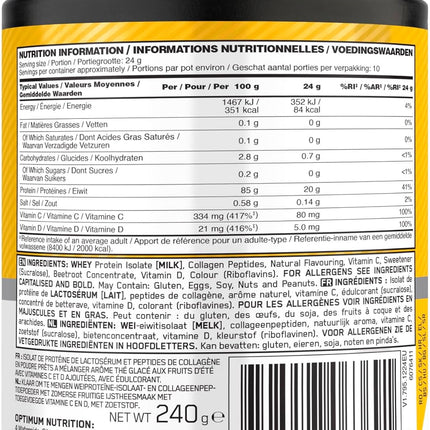 Optimum Nutrition Summer Fruit Iced Tea: Ready Whey Protein Isolate and Collagen Peptide Powder with Vitamin C and D with Sweeteners, 10 Servings, 240g