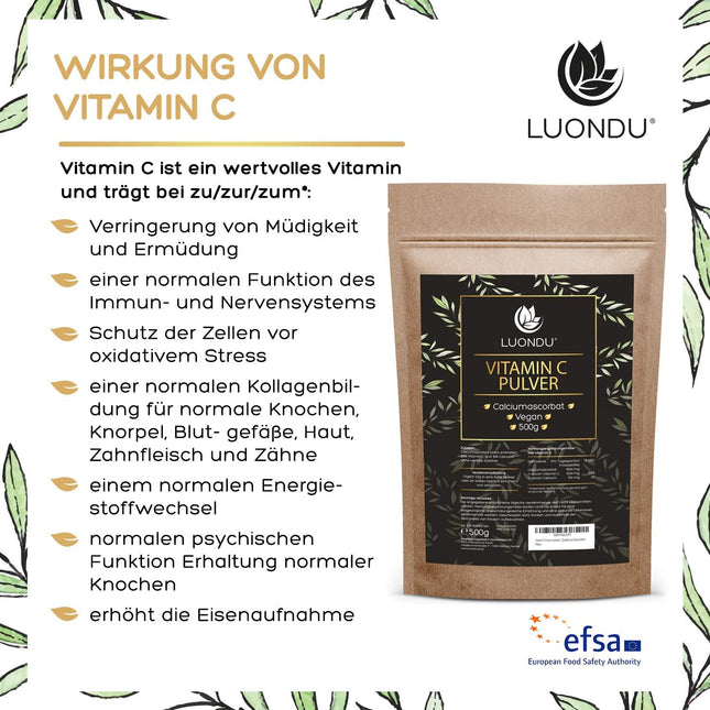 Vitamin C Powder High Dose 500 g Natural Calcium Ascorbate from Vegetable Fermentation & Buffered (pH Neutral, Acid-free and Stomach-Friendly) - Laboratory Tested - Vegan - No Unwanted Additives