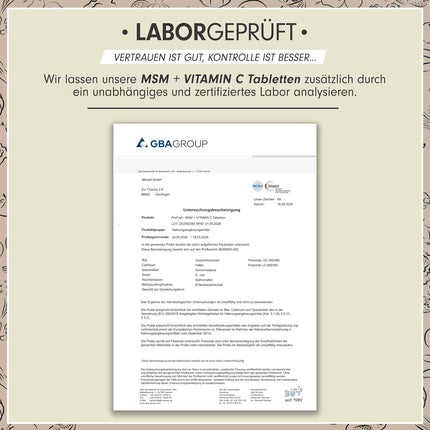 MSM 2000 mg per day + natural vitamin C - 365 MSM tablets with methylsulfonylmethane - more compact MSM powder than MSM capsules - high dose with 1000 mg per MSM tab - laboratory tested with certificate
